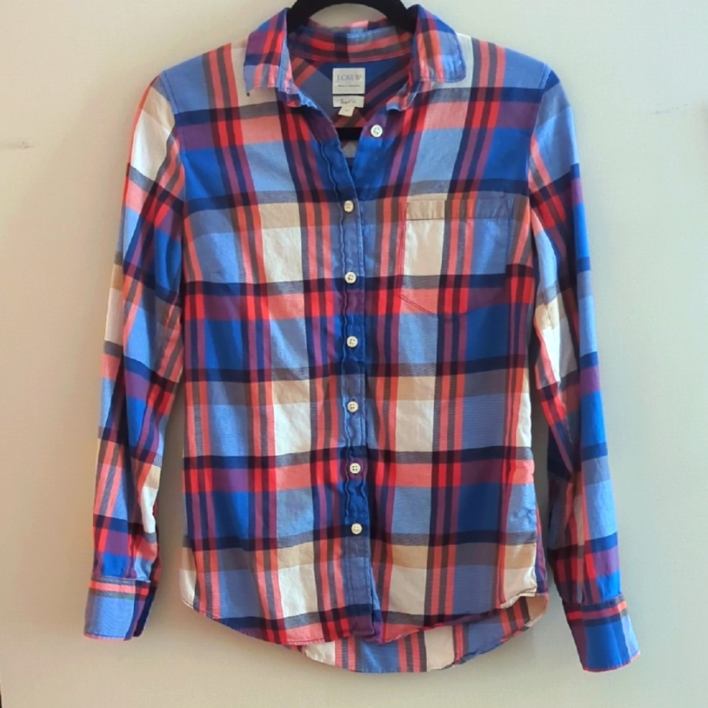 J.Crew Perfect Fit red and blue plaid button down shirt cotton XS